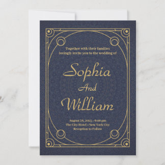 Invitación Elegante caligrafía Boda dorado y azul marino
