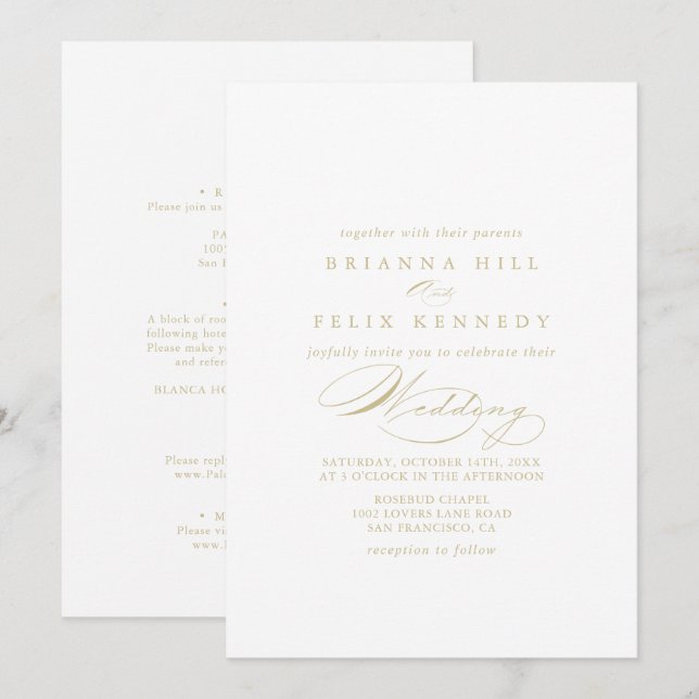 Invitación Elegante caligrafía Boda dorado y dorado (Anverso / Reverso)