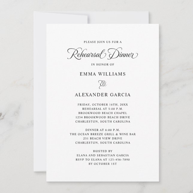 Invitación Elegante caligrafía Boda ensayo cena negro (Anverso)