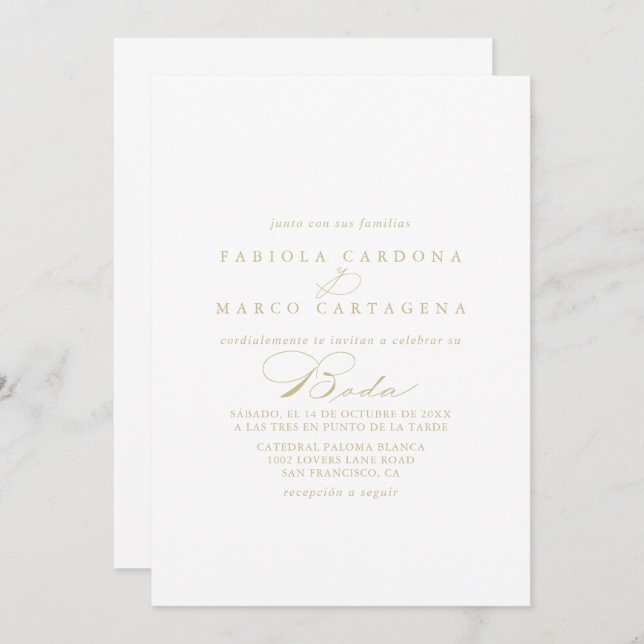 Invitación Elegante caligrafía Boda español de oro (Anverso / Reverso)