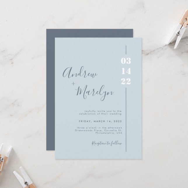 Invitación Elegante caligrafía Boda gris azul turbio (Anverso/Reverso In Situ)