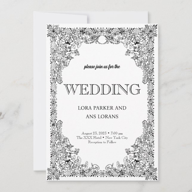 Invitación Elegante caligrafía Boda negro y blanco Invita (Anverso)