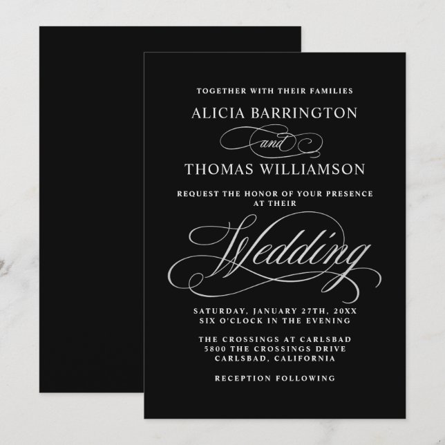 Invitación Elegante caligrafía Boda negro y plateado (Anverso / Reverso)