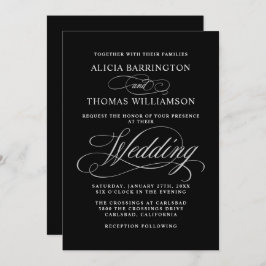 Invitación Elegante caligrafía Boda negro y plateado