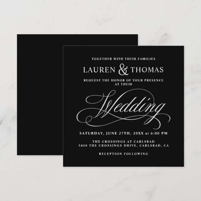 Invitación Elegante caligrafía Boda negro y plateado (Anverso / Reverso)