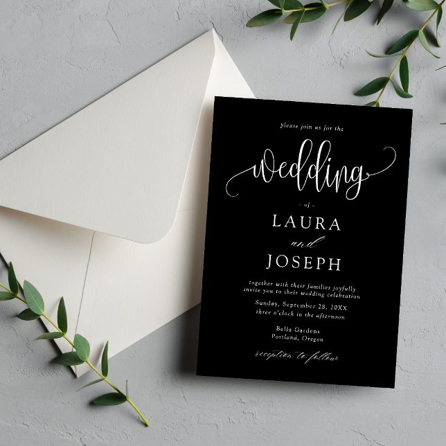 Invitación Elegante Caligrafía Bodas en Blanco y Negro (Black and white calligraphy script invitation adds timeless romance with your personalized details)