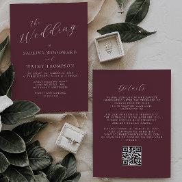 Invitación Elegante caligrafía Borgoña Boda de código QR