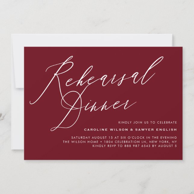 Invitación Elegante caligrafía Borgoña Ensayo Cena (Anverso)