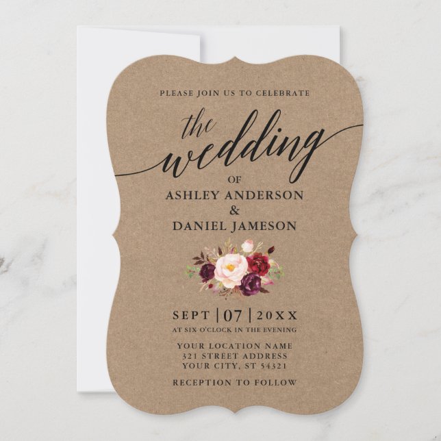 Invitación Elegante caligrafía Borgoña Floral Kraft Boda (Anverso)