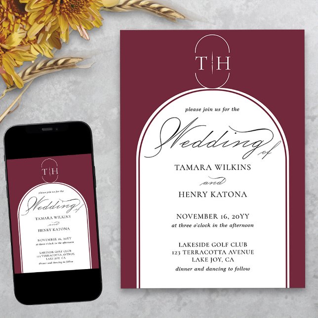 Invitación Elegante caligrafía Borgoña Monogramado Boda (Elegant monogrammed burgundy wedding invitation from my Wedding Colors collection)