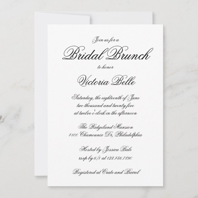 Invitación Elegante caligrafía Brunch formal de novias (Anverso)