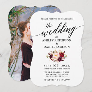 Invitación Elegante Caligrafía Burgundy Floral Foto Boda