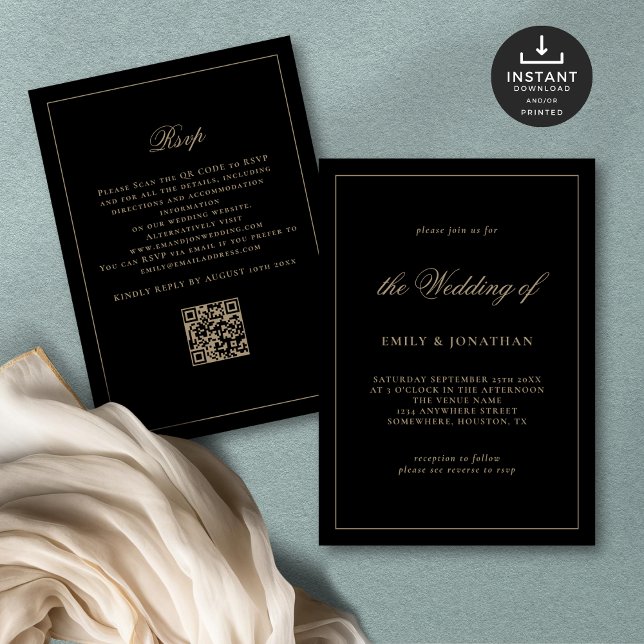Invitación Elegante caligrafía Champagne Boda negro de oro (Front and back view)