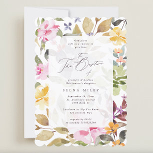 Invitación Elegante caligrafía Chica Floral Marco Bautismo