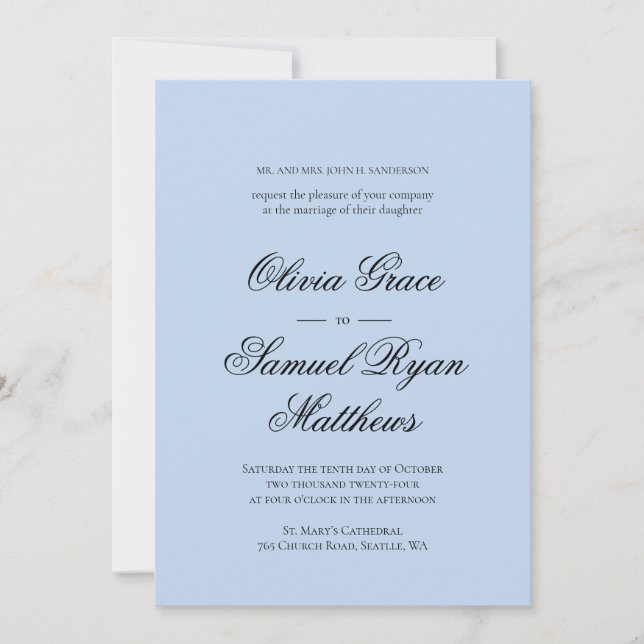 Invitación Elegante caligrafía clásica Boda azul turbio (Anverso)