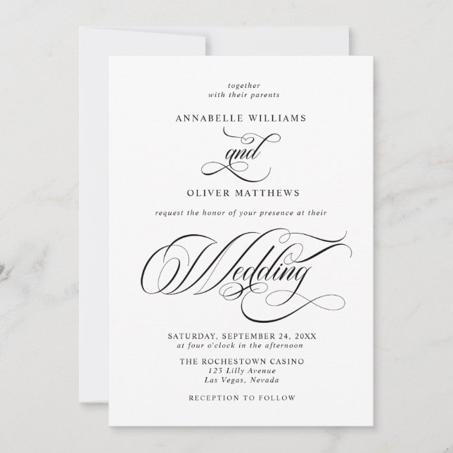 Invitación Elegante caligrafía clásica Boda blanco y negro (Anverso)