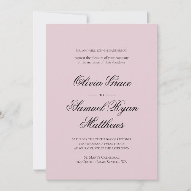 Invitación Elegante caligrafía clásica Boda rosa polvoriento (Anverso)