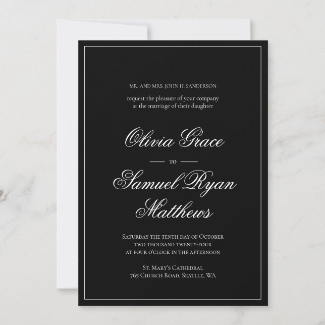 Invitación Elegante caligrafía clásica borde Boda negro (Anverso)