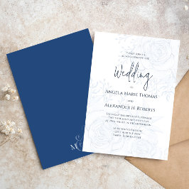 Invitación Elegante caligrafía clásica floral azul simple