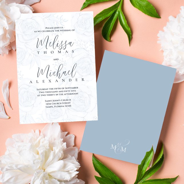 Invitación Elegante caligrafía clásica floral azul turbio (Elegant wedding invitations with blush floral pattern and taupe back.)