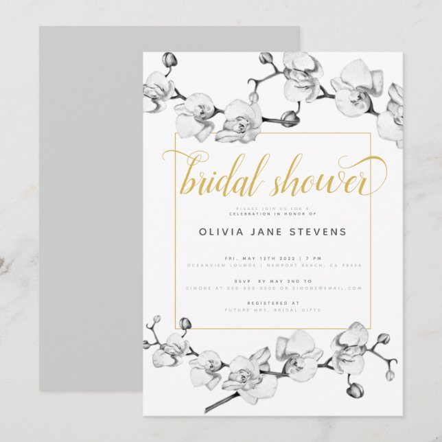Invitación Elegante caligrafía clásica floral ducha de novia (Anverso / Reverso)
