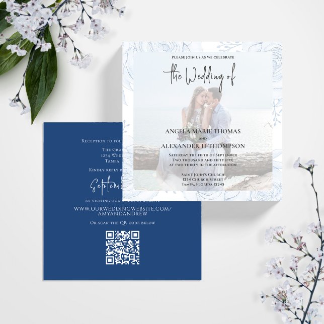 Invitación Elegante caligrafía clásica simple foto de RSVP az (Simple elegant Photo wedding invitation with a QR code for rsvp, template. )
