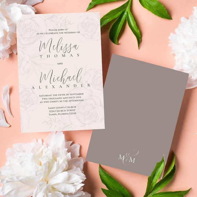 Invitación Elegante caligrafía clásica simple Rubor Floral (Elegant wedding invitations with blush floral pattern and taupe back.)