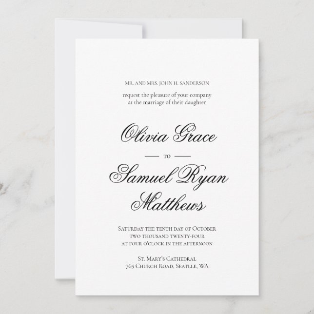 Invitación Elegante caligrafía Clásico Boda Blanco Negro (Anverso)