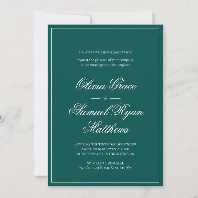 Invitación Elegante caligrafía Clásico Boda Verde Esmeralda (Anverso)
