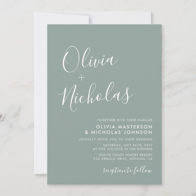 Invitación Elegante caligrafía Código QR Boda verde sabio (Anverso)