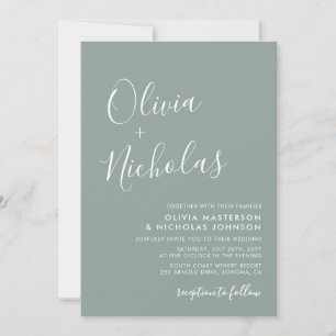 Invitación Elegante caligrafía Código QR Boda verde sabio