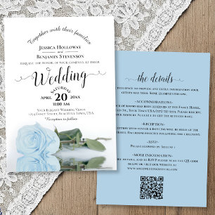Invitación Elegante Caligrafía Código QR Rosa Azul Pálido Bod