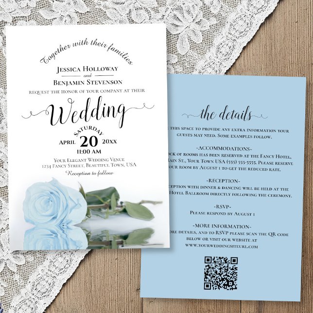 Invitación Elegante Caligrafía Código QR Rosa Azul Pálido Bod (front/back)