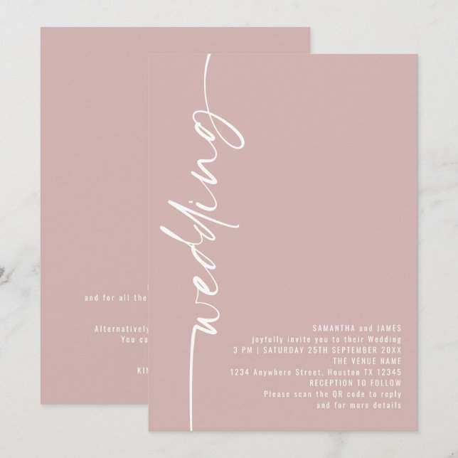 Invitación Elegante caligrafía Código QR Rosa  Boda polvorien (Anverso / Reverso)