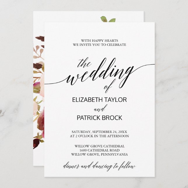 Invitación Elegante caligrafía con Boda Floral Backing (Anverso / Reverso)