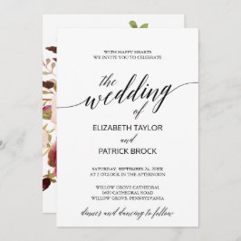 Invitación Elegante caligrafía con Boda Floral Backing