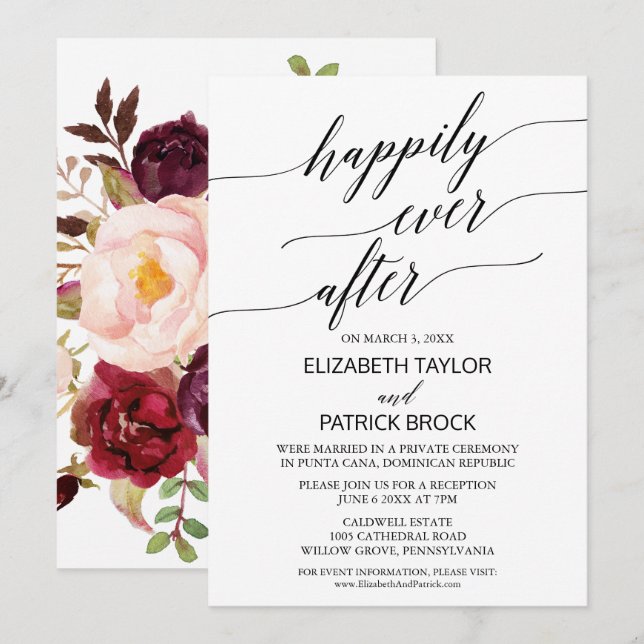 Invitación Elegante caligrafía con elóstico de respaldo flora (Anverso / Reverso)