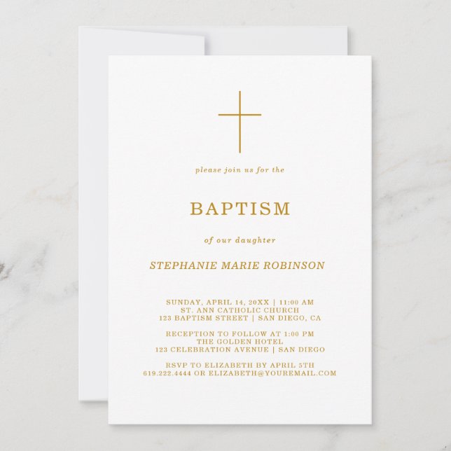 Invitación Elegante caligrafía con guión dorado Baptismo (Anverso)