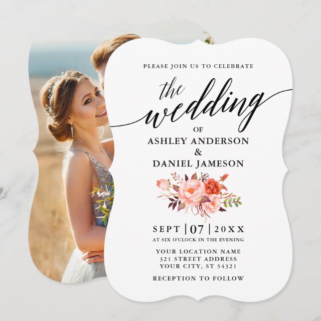 Invitación Elegante caligrafía Coral Floral Photo Boda (Anverso / Reverso)