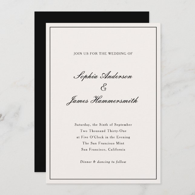 Invitación Elegante caligrafía crema blanco Boda negro (Anverso / Reverso)