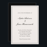 Invitación Elegante caligrafía crema blanco Boda negro<br><div class="desc">Elegante,  formal y elegante plantilla de invitación a la boda con tipografía de escritura caligráfica para los nombres de la pareja,  fondo blanco crema,  un marco elegante en el frente y un respaldo negro. Personalizar la información de su propio boda.</div>