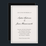 Invitación Elegante caligrafía crema blanco Boda negro<br><div class="desc">Elegante,  formal y elegante plantilla de invitación a la boda con tipografía de escritura caligráfica para los nombres de la pareja,  fondo blanco crema,  un marco elegante en el frente y un respaldo negro. Personalizar la información de su propio boda.</div>