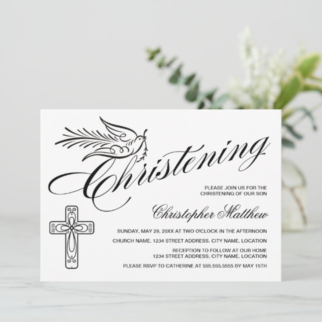 Invitación Elegante caligrafía Cruz y Dove Christening (Anverso de pie)