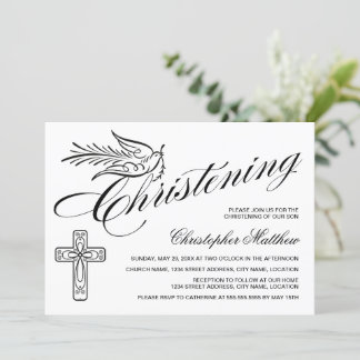 Invitación Elegante caligrafía Cruz y Dove Christening