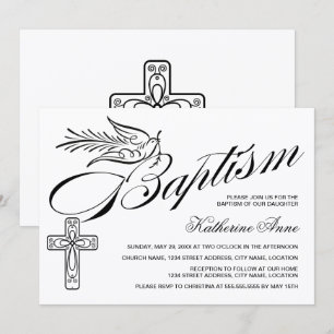 Invitación Elegante Caligrafía Cruz y Paloma Bautizo