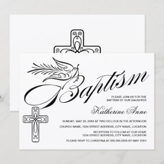 Invitación Elegante Caligrafía Cruz y Paloma Bautizo