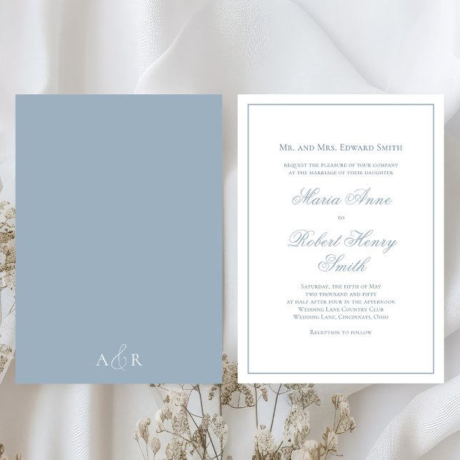 Invitación Elegante caligrafía de boda guión azul turbio (Simple dusty blue classic wedding script invitation. )