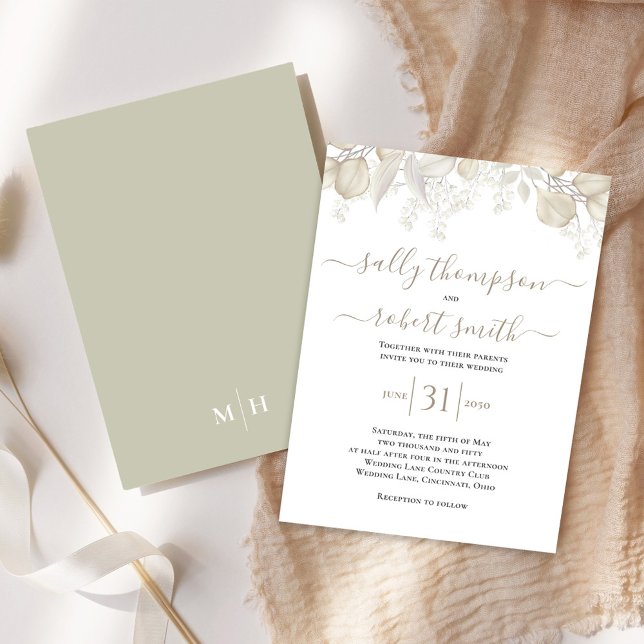 Invitación Elegante caligrafía de boda vegetación de escritur (Simple and elegant sage green and cream foliage wedding invitation.)
