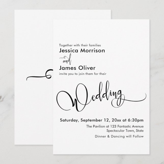 Invitación Elegante caligrafía de bodas, blanco negro simple (Anverso / Reverso)