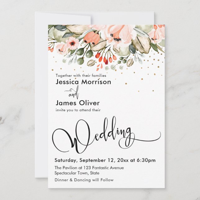 Invitación Elegante caligrafía de bodas floral y de oro (Anverso)